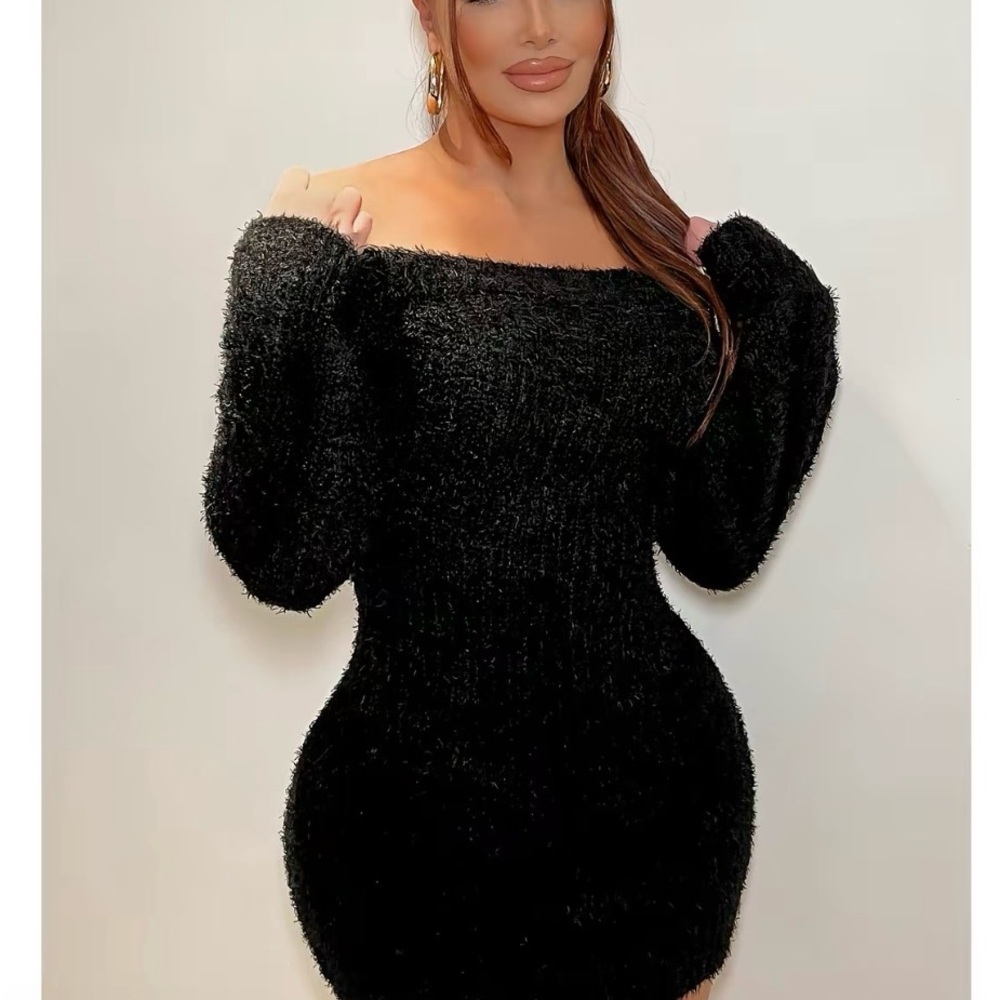 Fashion Nova Black Fuzzy Long Sleeve Dress